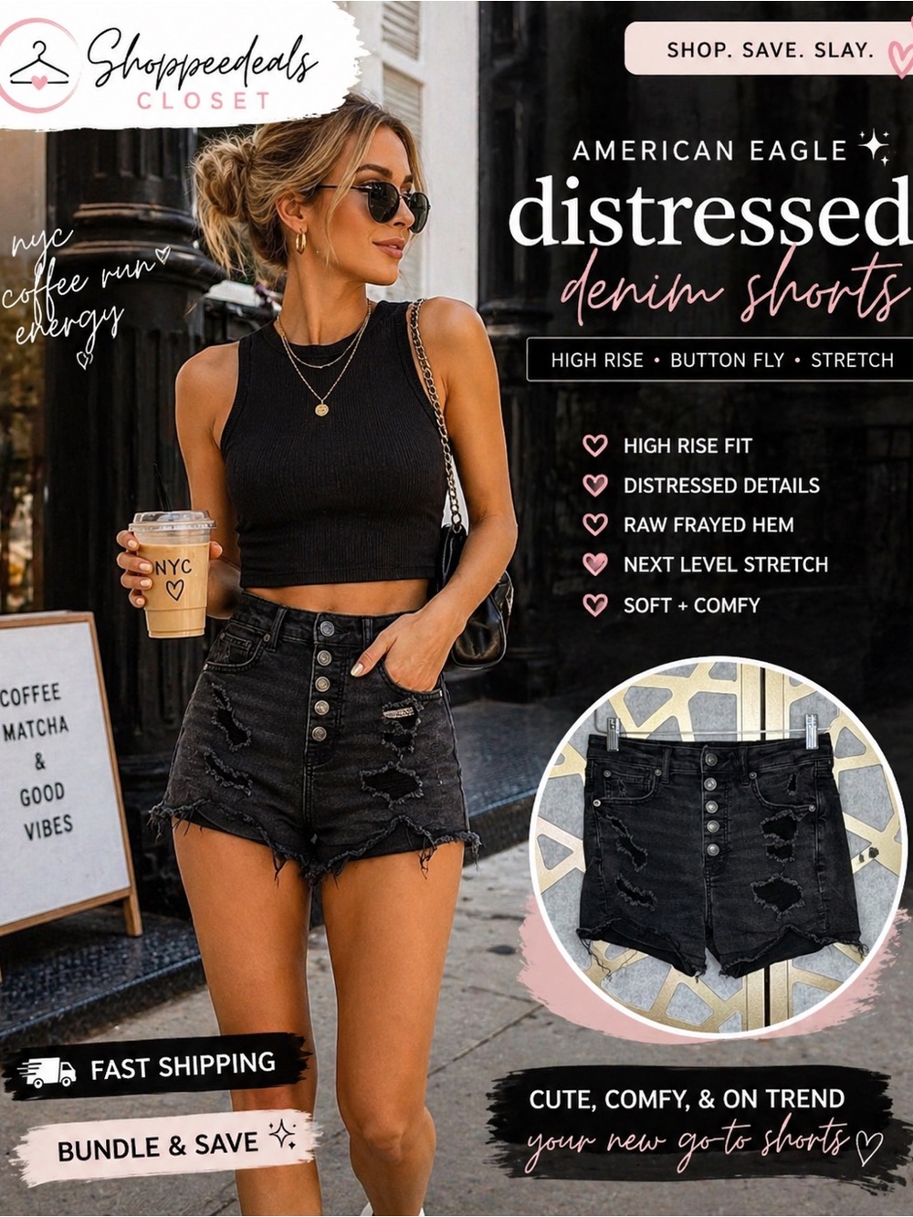 American Eagle Black Distressed High Rise Button Fly Denim Shorts Size 6